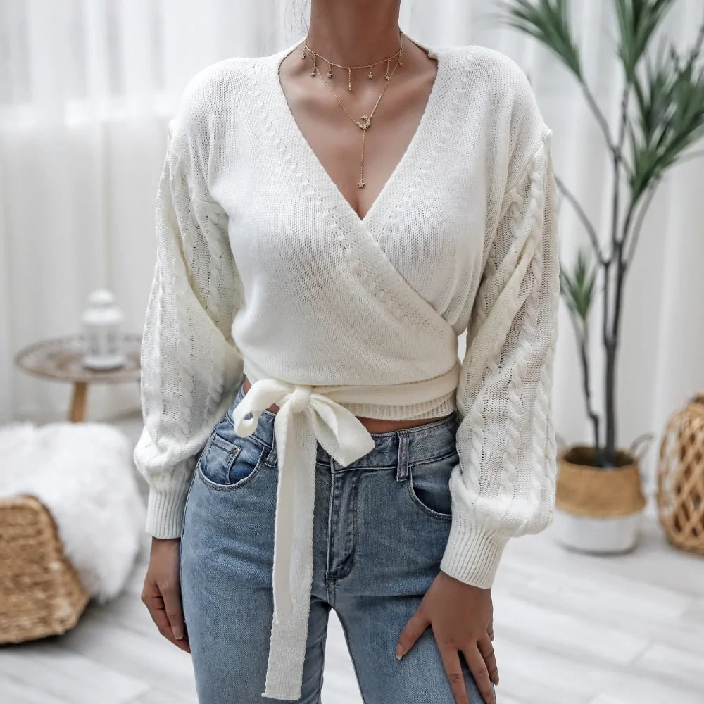 V-Neck Bandage Cross Wrap Women's Knitted Sweaters